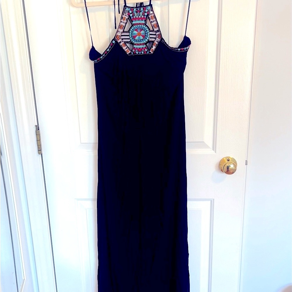 re:named Navy Maxi Dress with Multicolor Embroidery